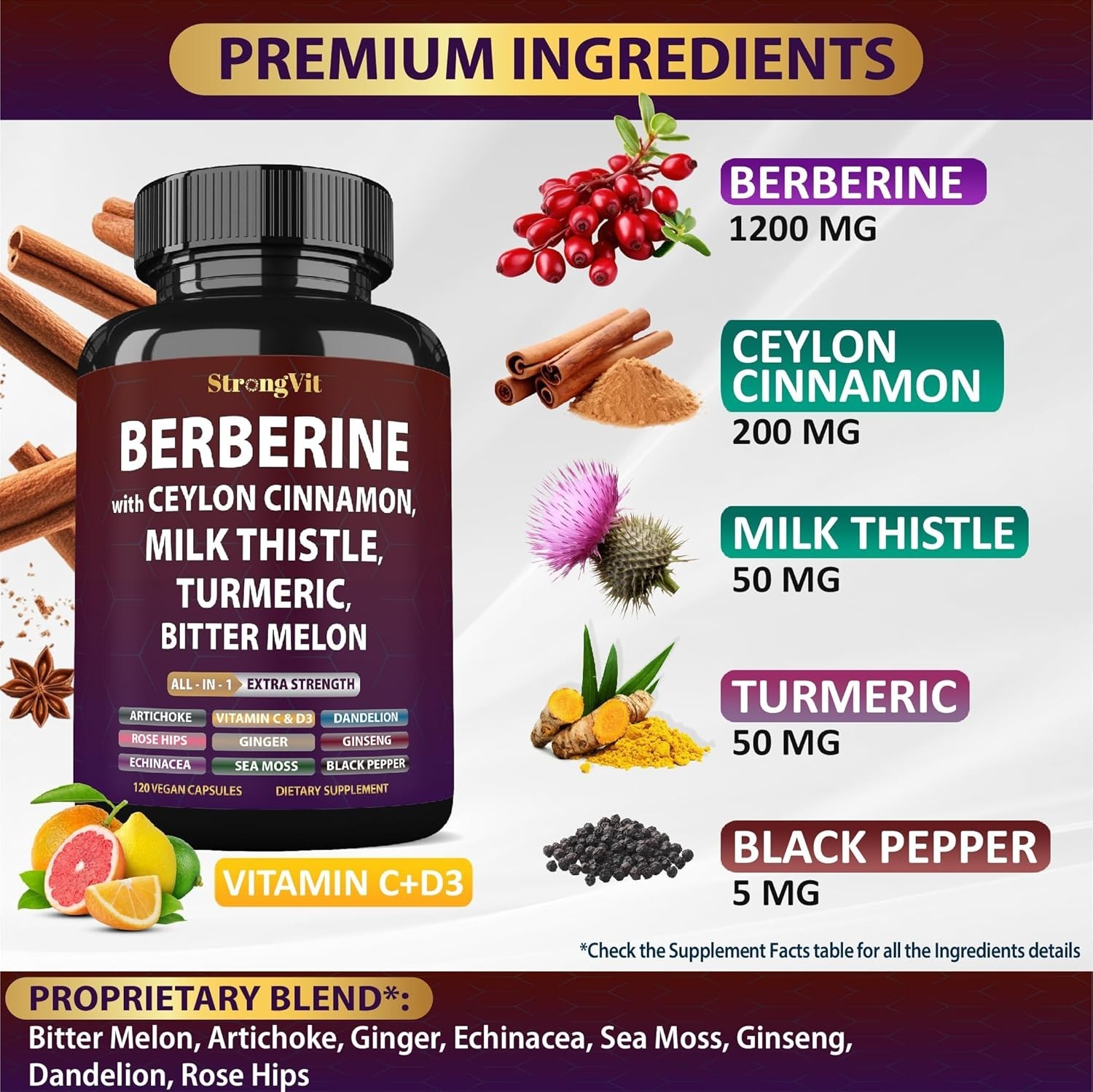 Holistic 15-in-1 Organic Supplement with Berberine, Turmeric & More – 120 Caps