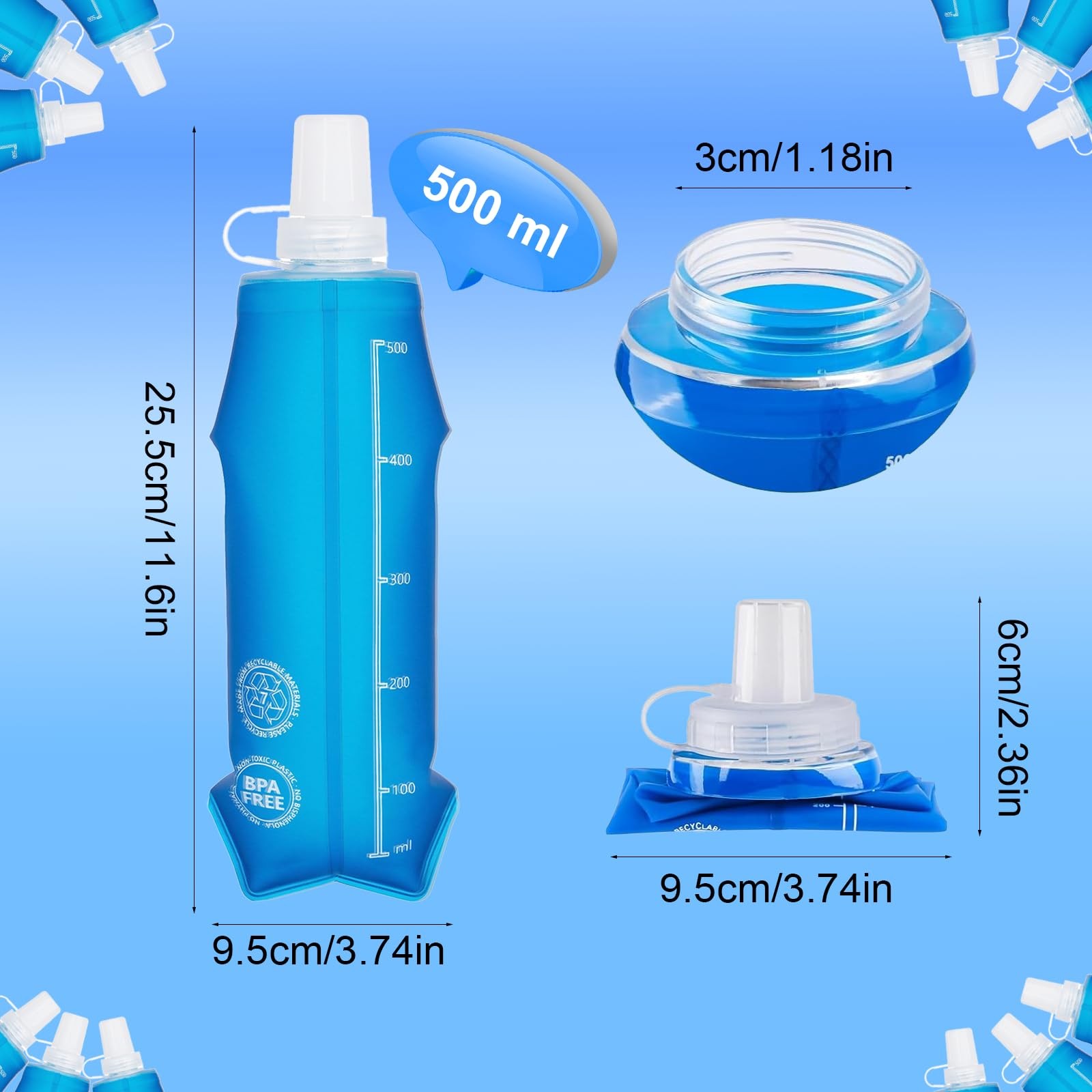 2 Pack Collapsible Water Bottle 500ml – BPA-Free Foldable Soft 500 ml, blue