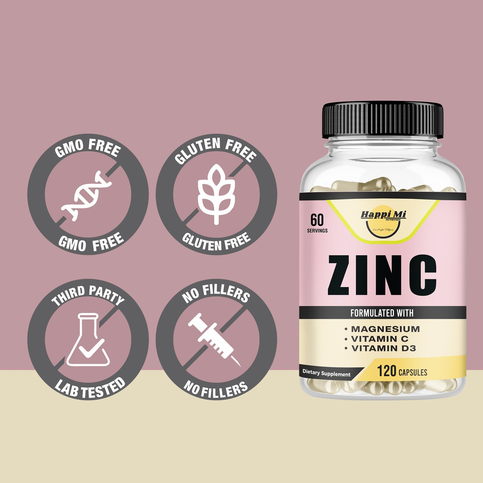Happi Mi Nutrition Zinc, Zinc 100mg, Magnesium 120 Count (Pack of 1)