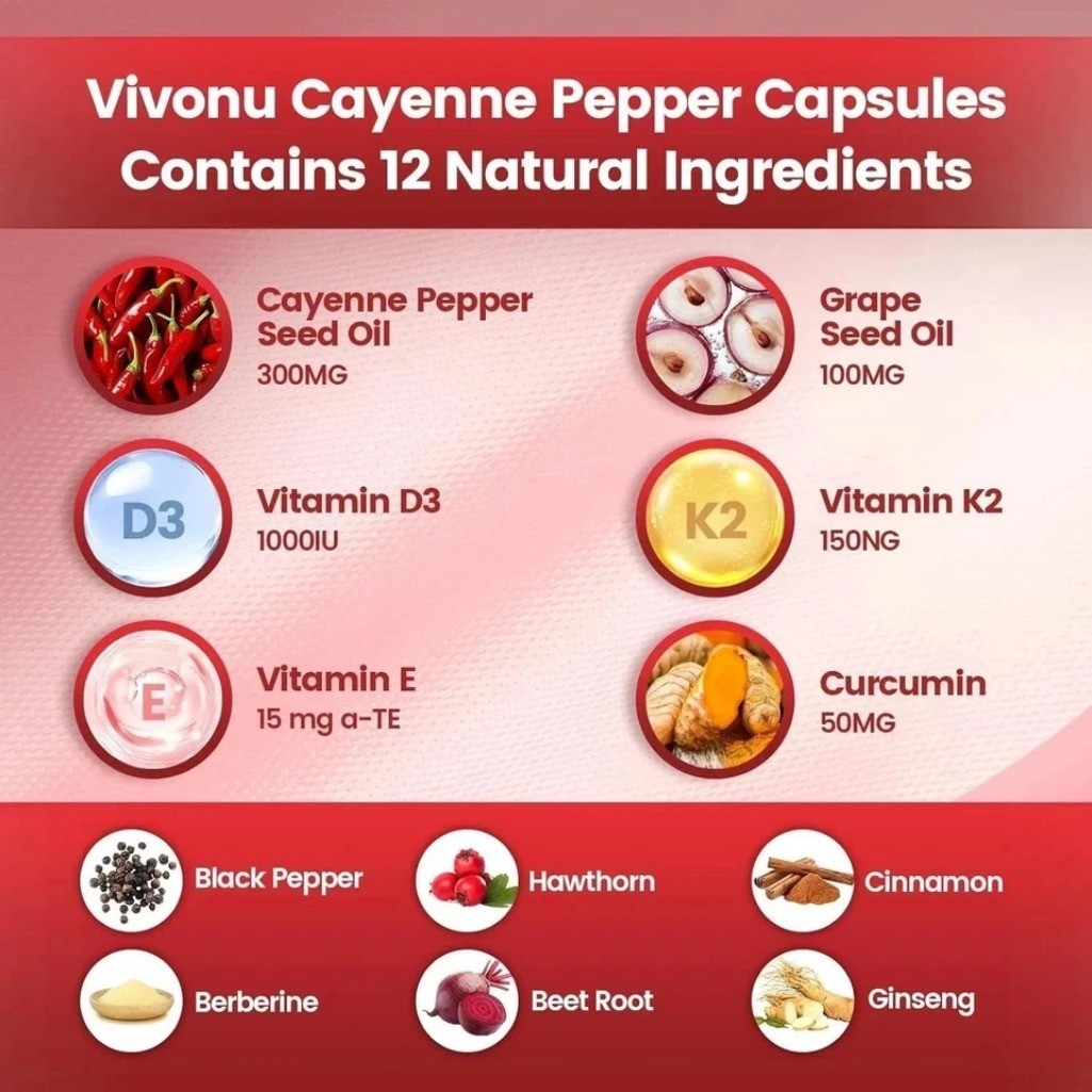 Vivonu 12in1 Cayenne Pepper Softgels D3 K2 Grape Seed Heart Circulation Support