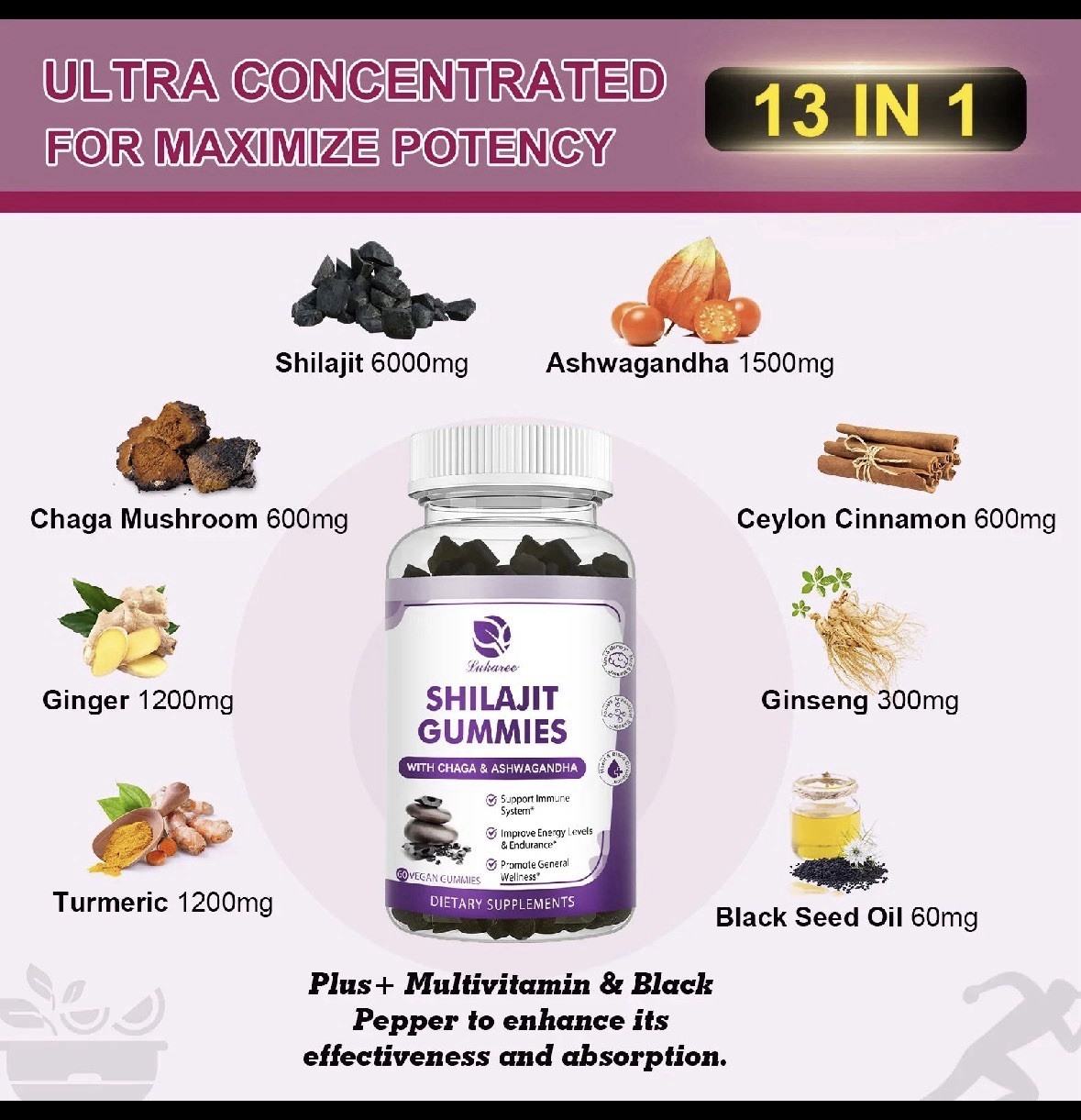 Lukaree Shilajit Gummies w/ Chaga & Ashwagandha 60ct Apple Vegan Non-GMO