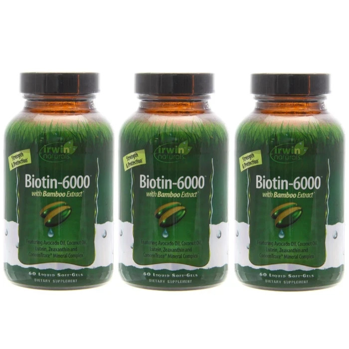 Irwin Naturals Biotin-6000 with Bamboo Extract 60 Softgels Each (Pack of 3)