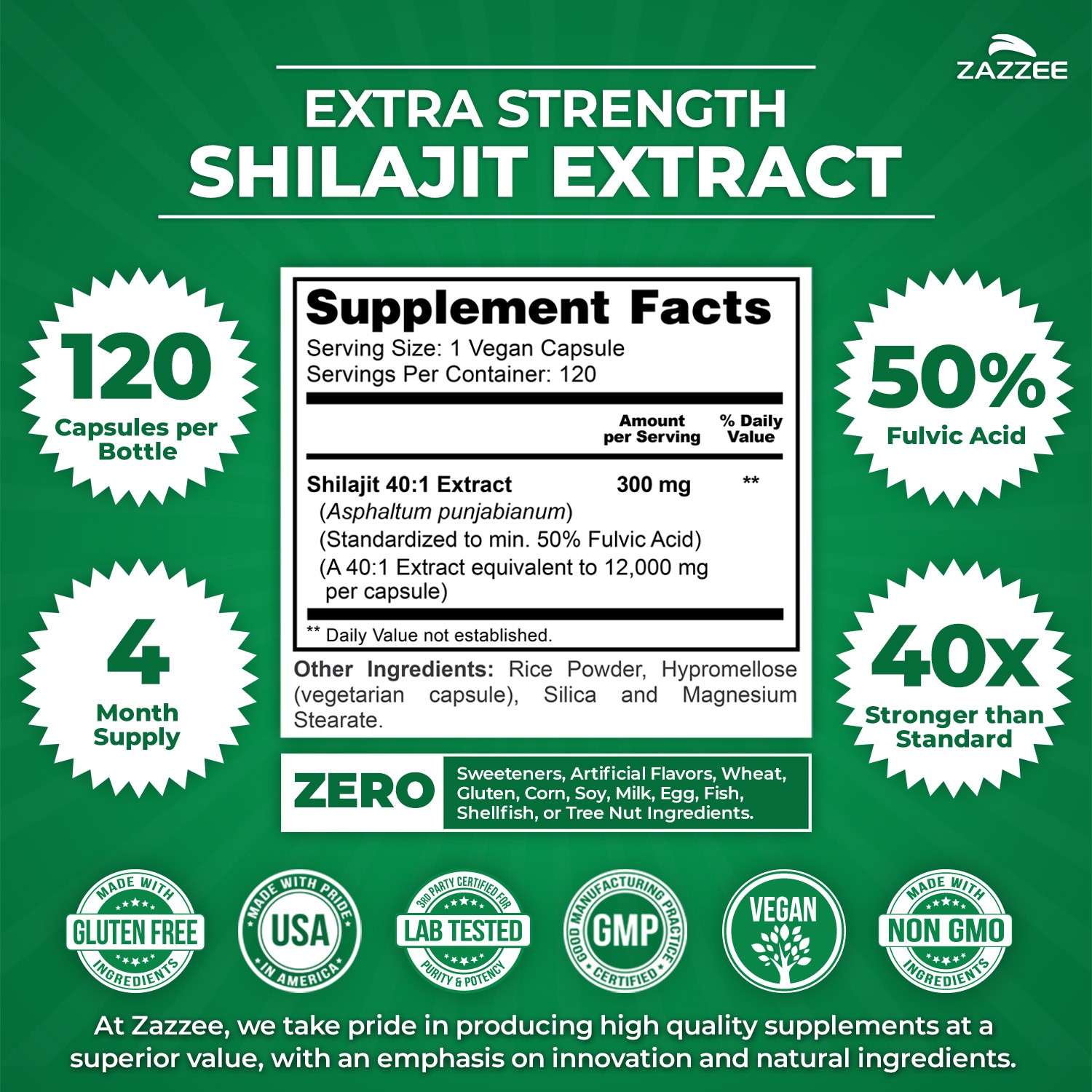 Zazzee Extra Strength Shilajit 20:1 Extract, 7000 mg Strength, 50% Fulvic Acid