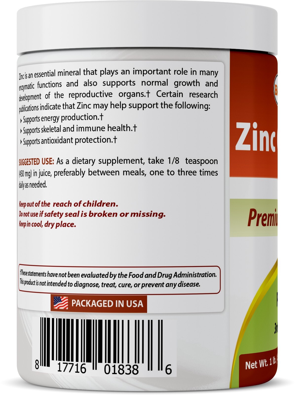 3 Pack Best Naturals Zinc Gluconate Pure Powder 1 Pound