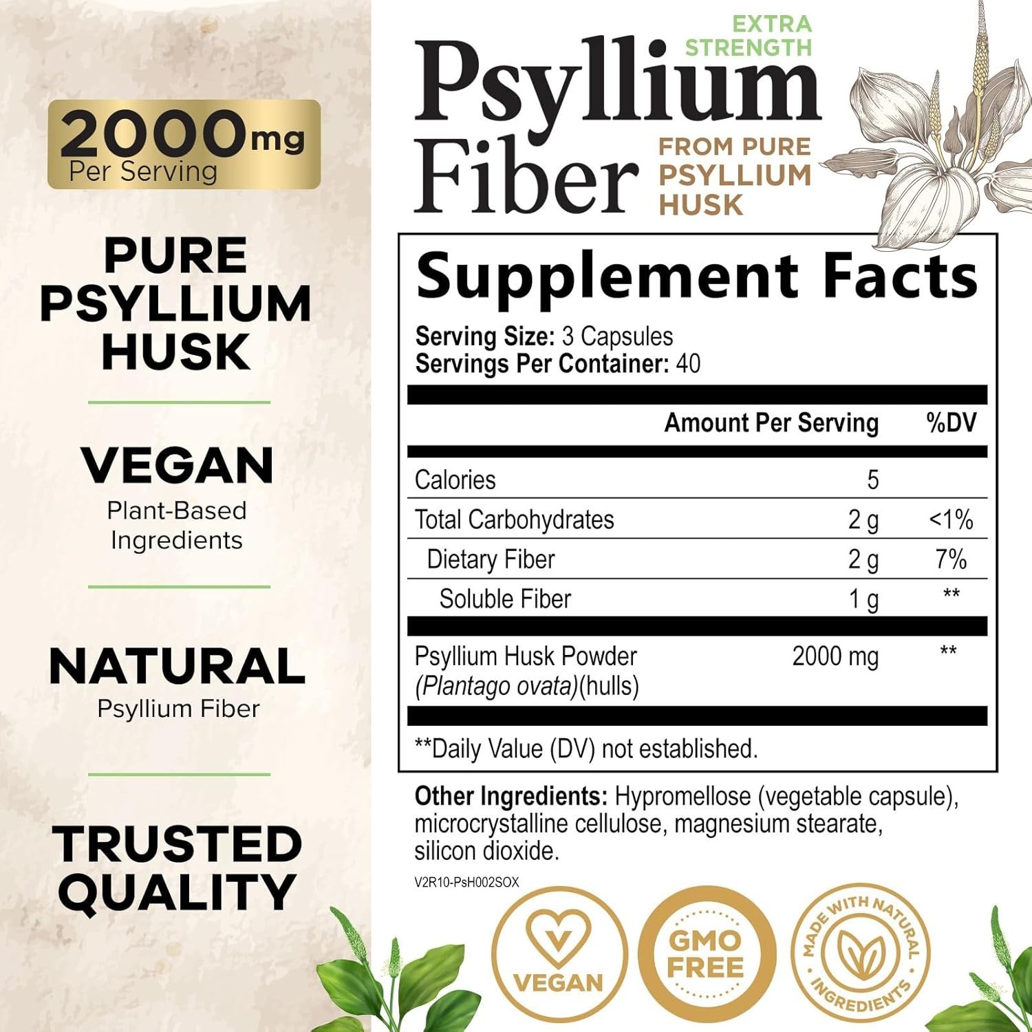 High Absorption Psyllium Husk Fiber Caps 2000 mg, Natural Soluble Fiber Capsules