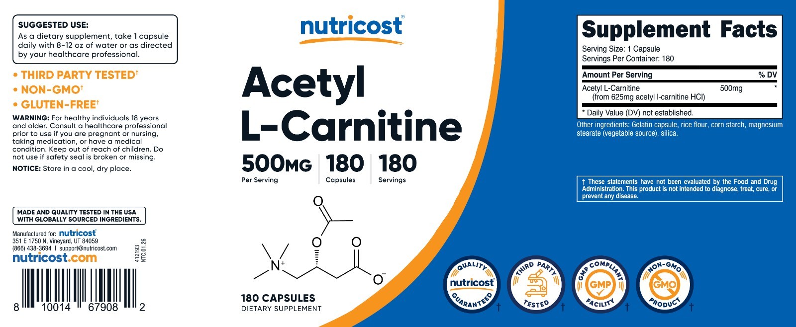 Nutricost Acetyl L-Carnitine 500mg, 180 Capsules – Non-GMO and Gluten Free