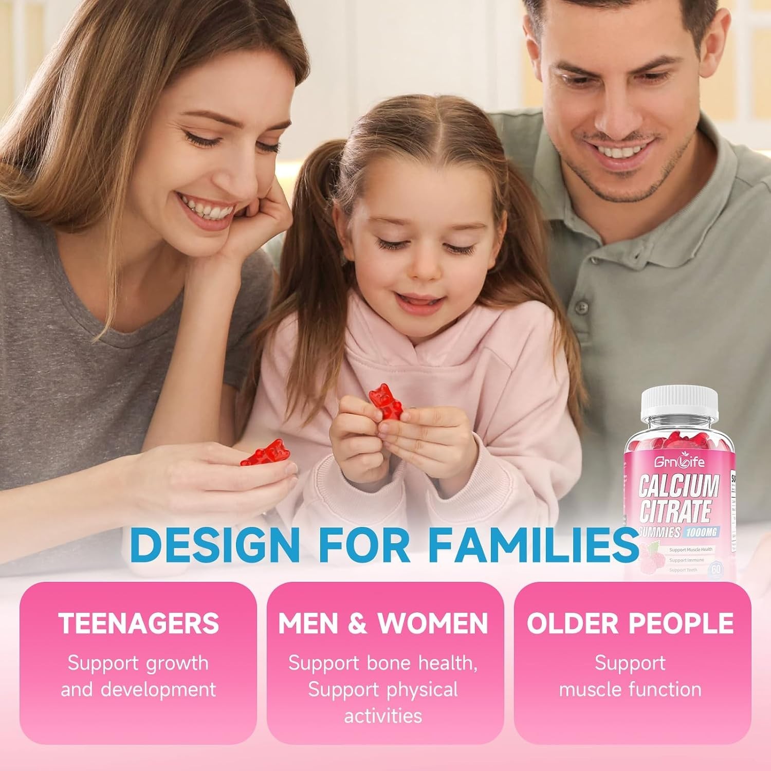 Raspberry Flavor Calcium Gummies – 1000mg Calcium Citrate, 60 Count for All Ages