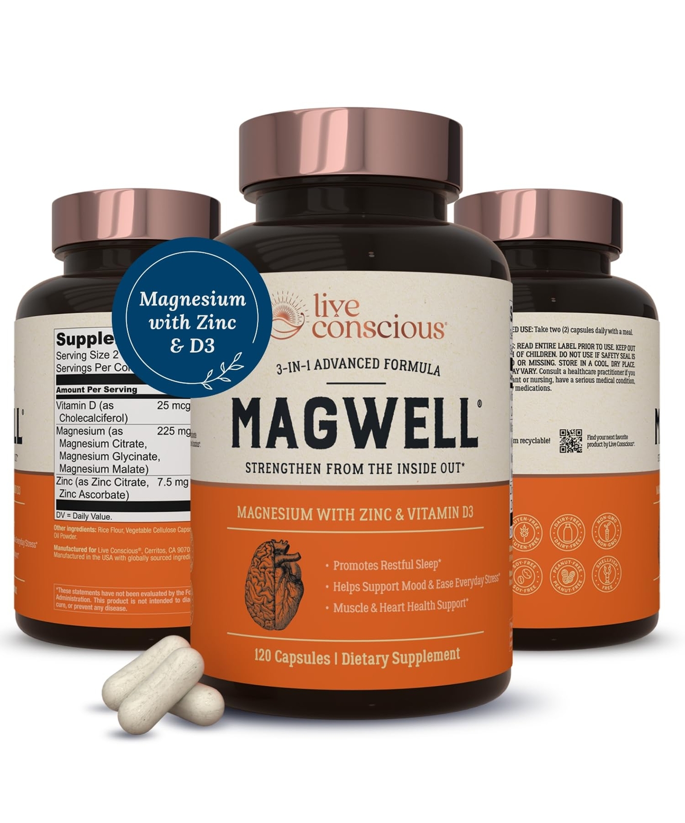 Live Conscious Magwell Magnesium Zinc Vitamin D3 120 Caps Sleep Bone Heart