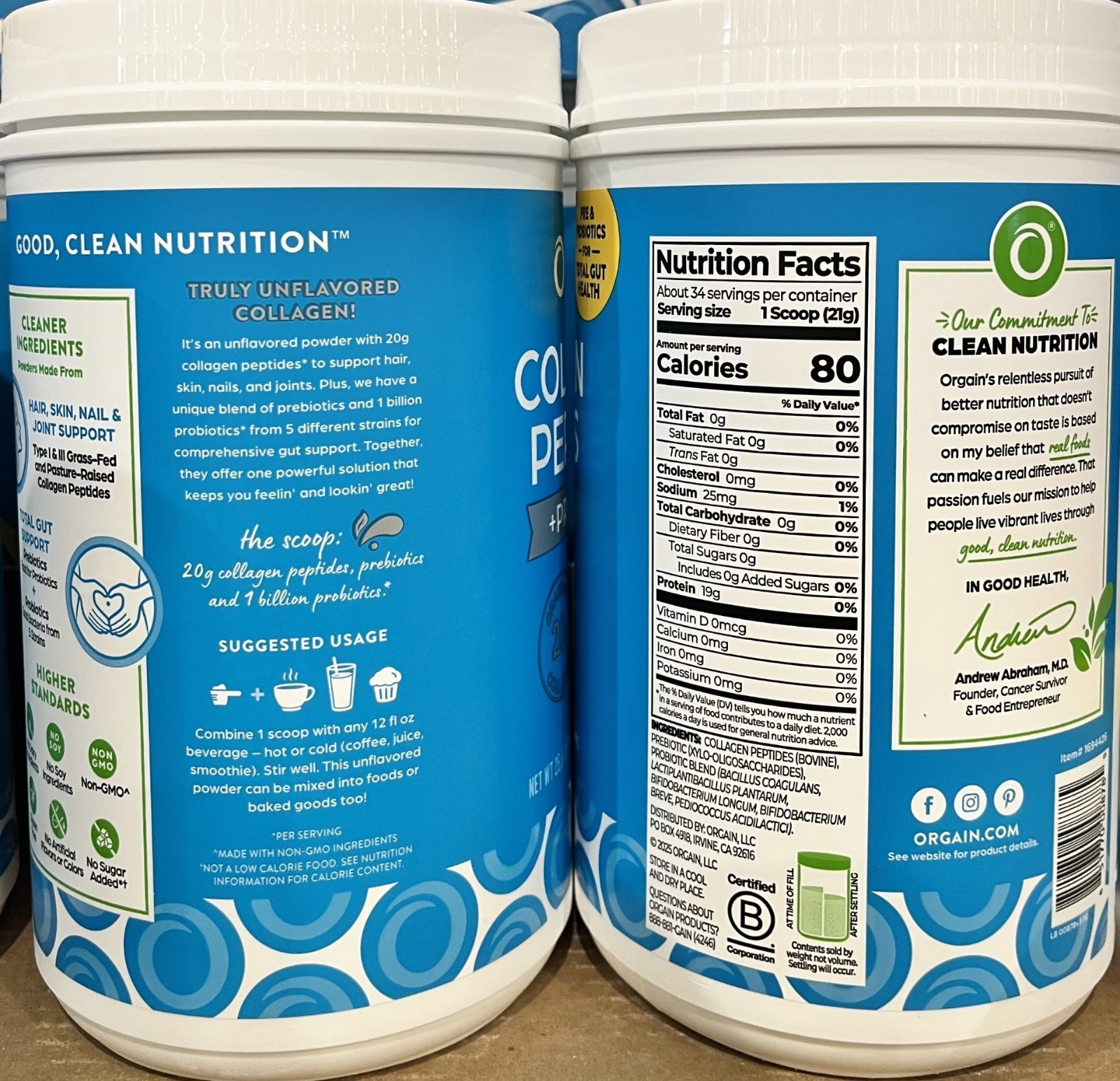 2PACKS Orgain Collagen Peptides + Probiotics 25.6 oz Powder Unflavored, 0g Sugar