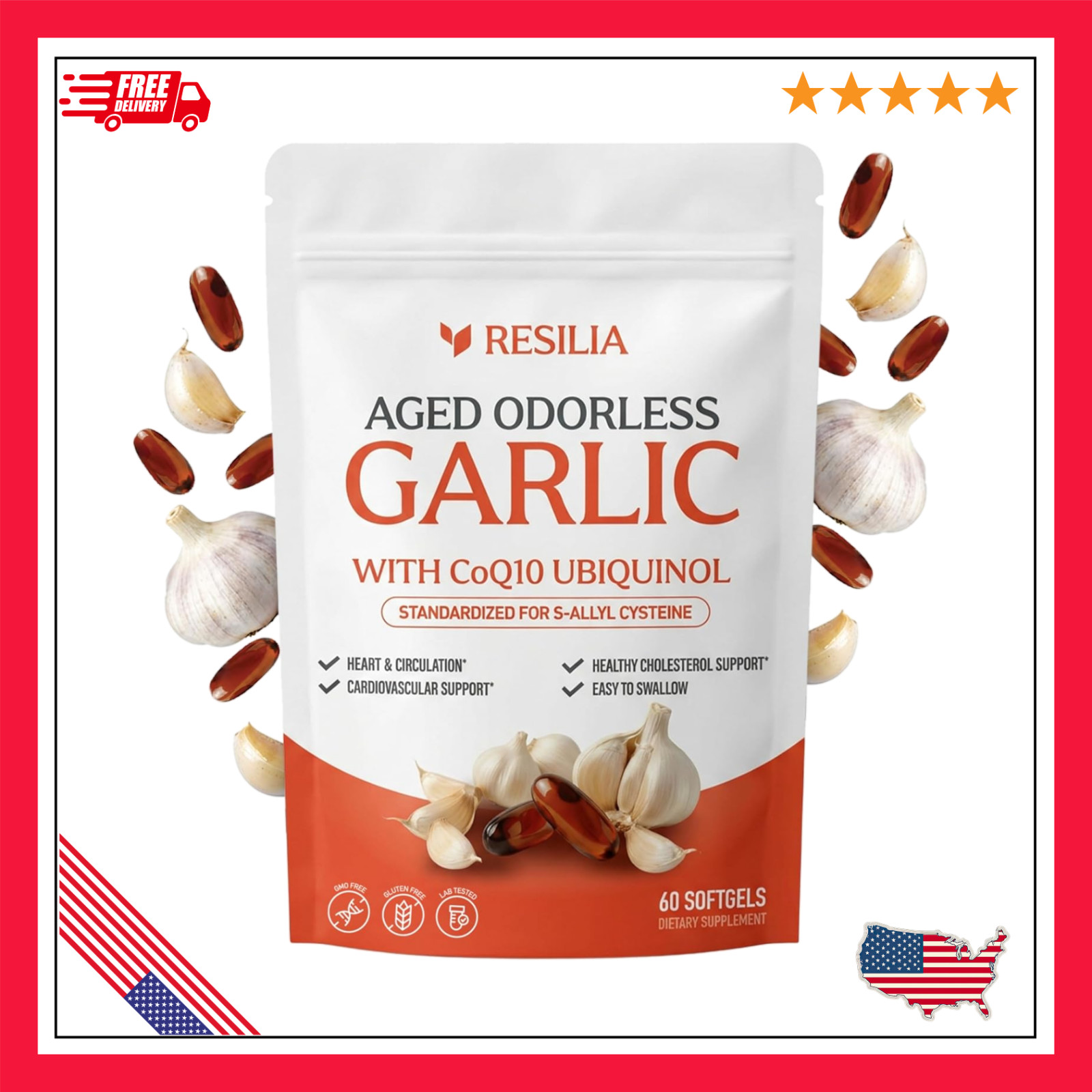 Resilia Garlic Extract 600mg Softgels (60 Count) – Odorless Aged Garlic Extra…
