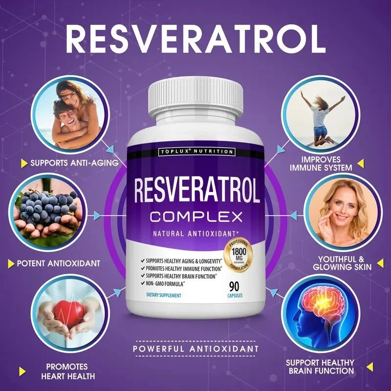 Toplux 1800mg Resveratrol Complex 90 Caps Non-GMO Antioxidant Anti-Aging Immune