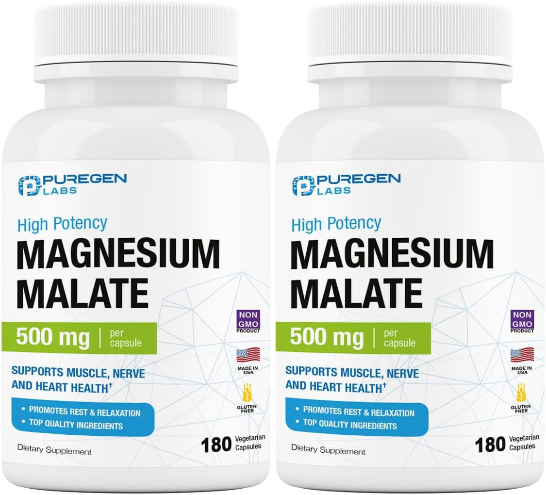 Puregen Labs Magnesium Malate | 500 mg. 180 Vegetarian capsules 2Pk