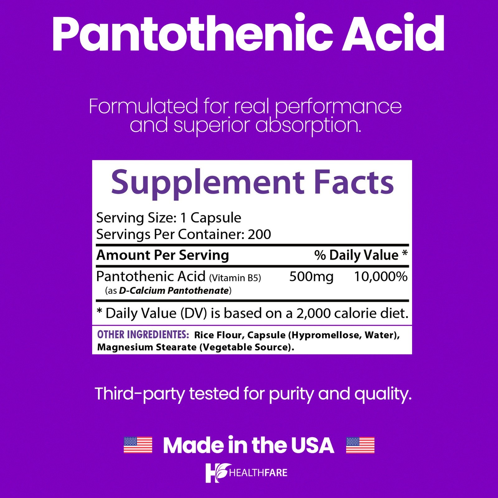 Pantothenic Acid Vitamin B5 500mg 200 Capsules High Quality Pure Form HealthFare