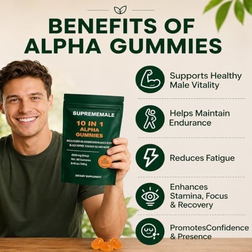 SupremeMale 10 in 1 Alpha Gummies – 4000 mg Herbal Performance Blend with Ashwag