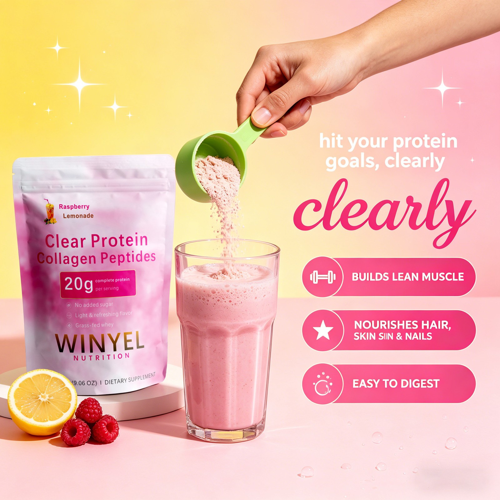 WINYEL Clear Whey Protein Collagen Peptides 20g Raspberry Lemonade 250g