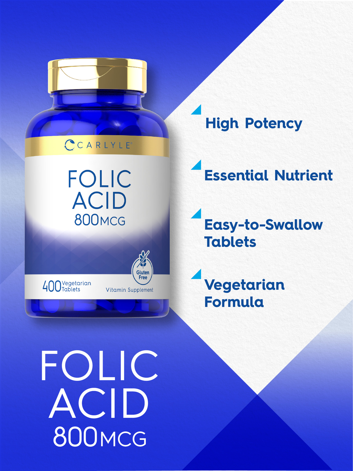 Folic Acid 800 mcg | 400 Tablets | Vegetarian, Non-GMO, Gluten Free | by Carlyle