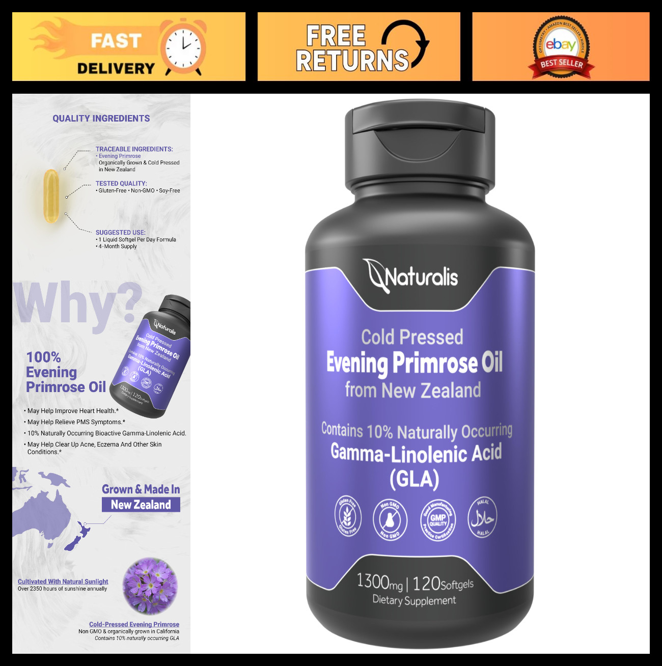 Evening Primrose Oil 1300mg 120 Softgels | Cold-Pressed for Hormonal Balance & W