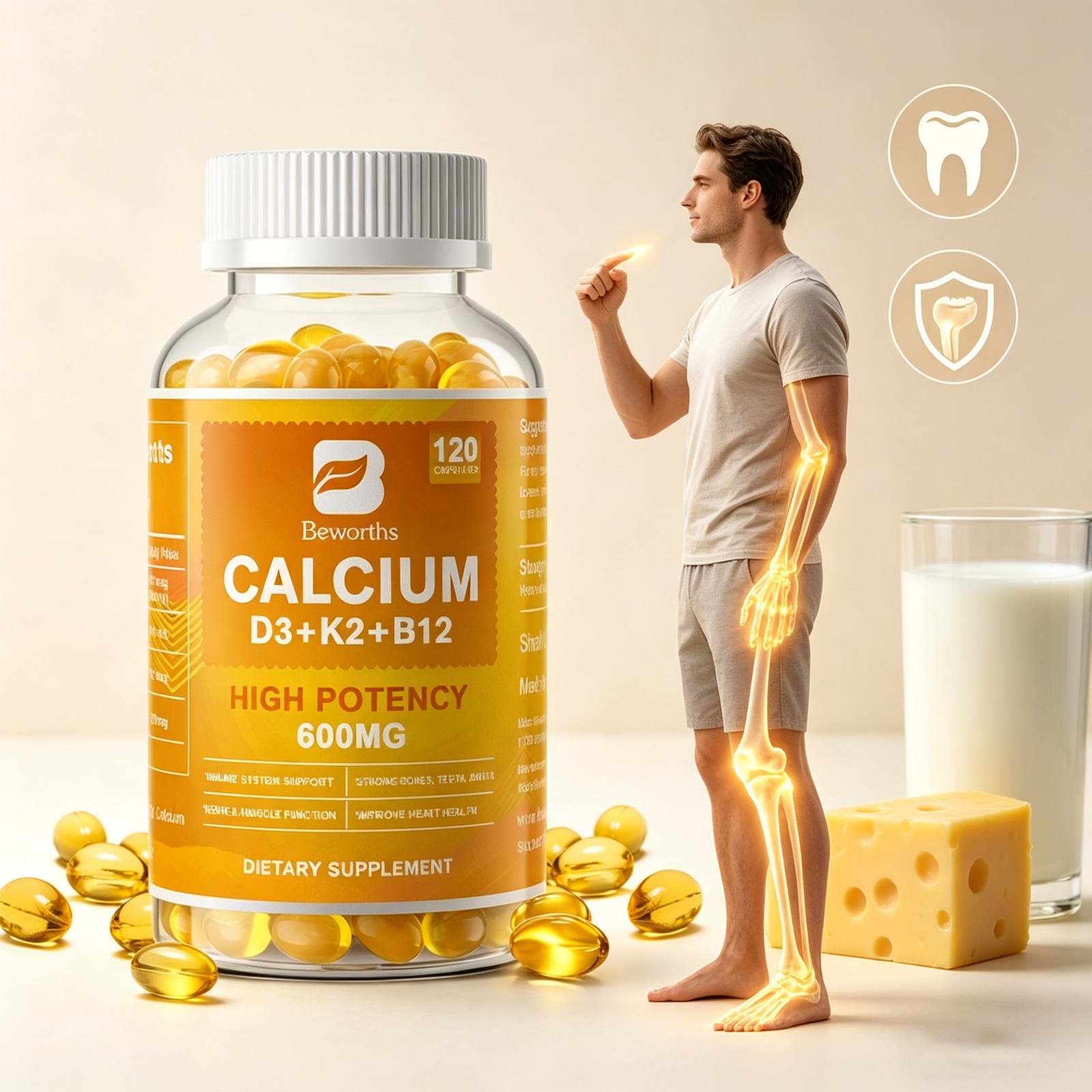Calcium Plus Vitamin D3 K2 & Vitamin B12 Support Immune Nerve Muscle & Bone