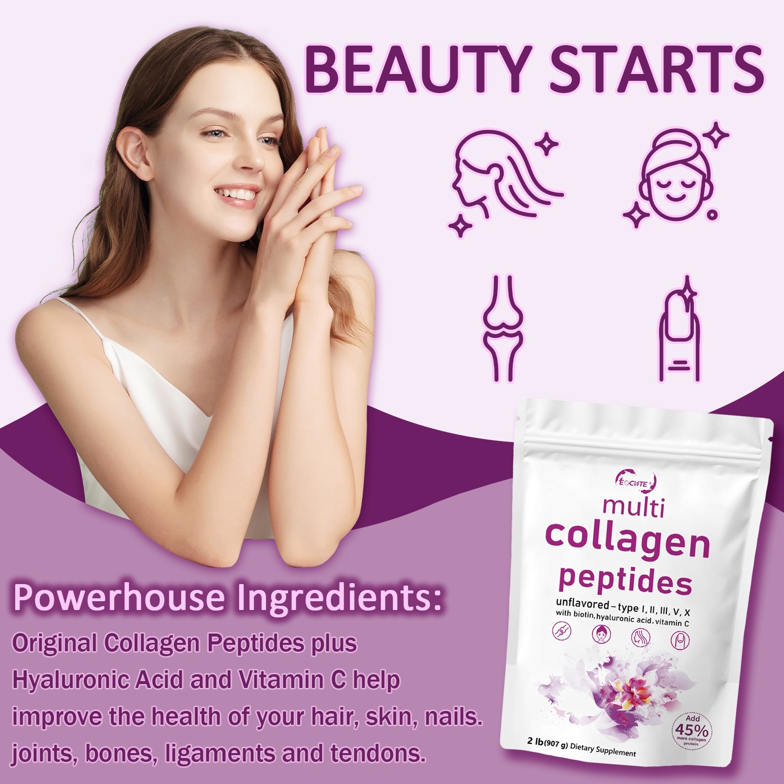 2 lbs Protein Powder Multi Collagen Peptides Powder-Hydrolyzed Protein Peptides