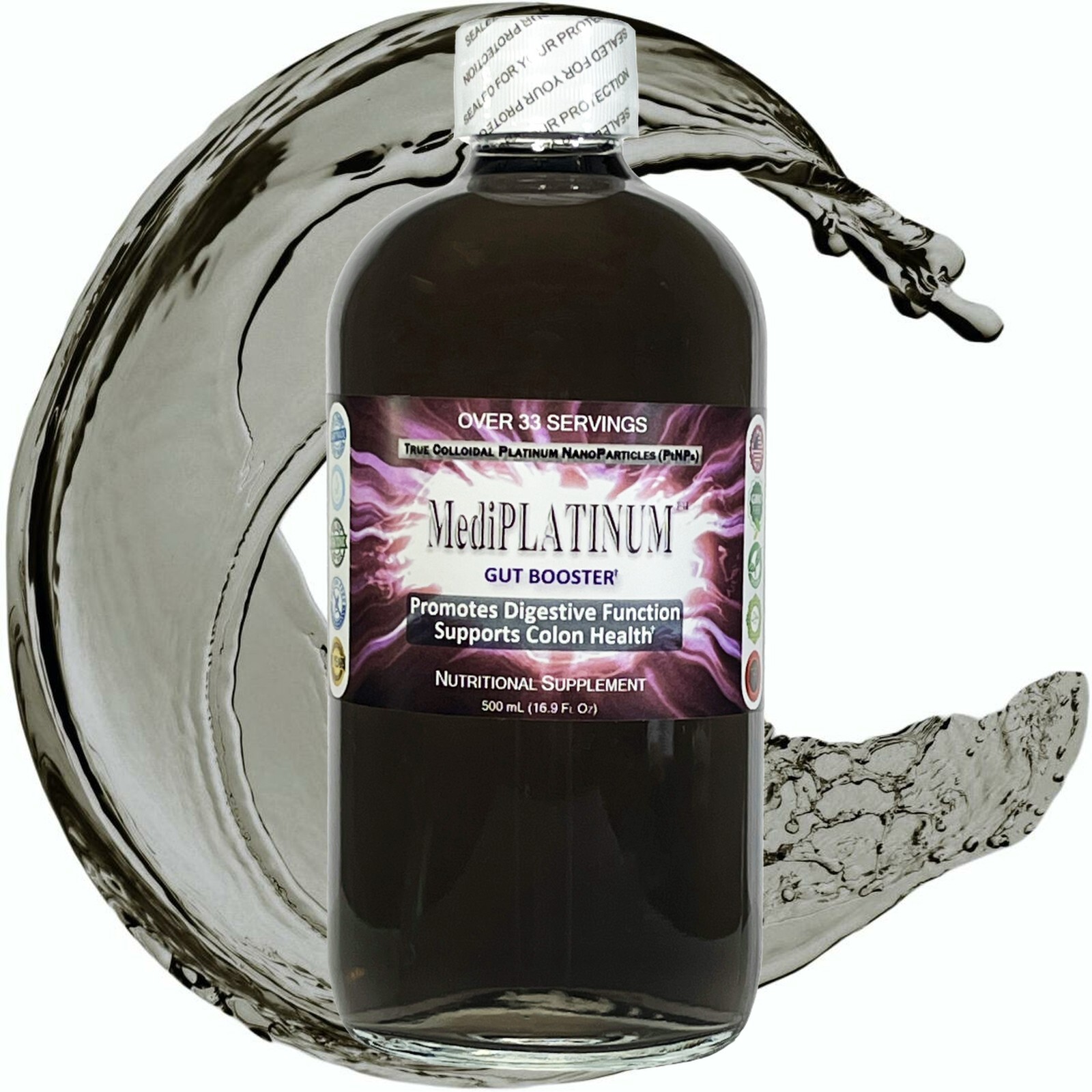 MediPLATINUM™ Gut Booster True Colloidal Platinum PtNP Nutrient: 500 mL in Glass