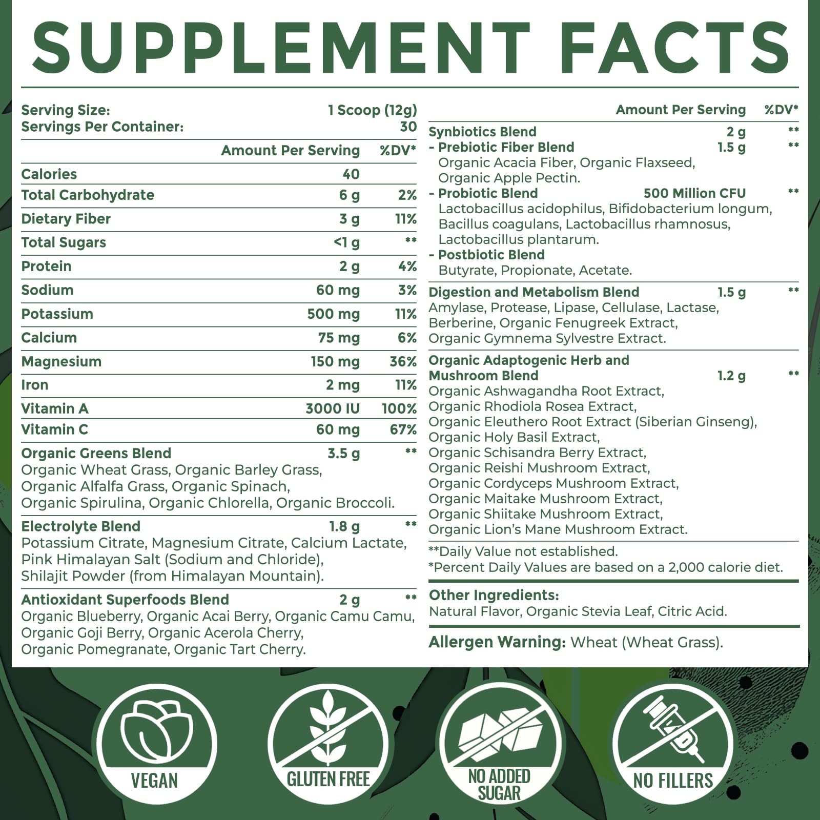 Super Greens Powder Superfood + Electrolytes & Tonic Herbs | Organic Greens, …