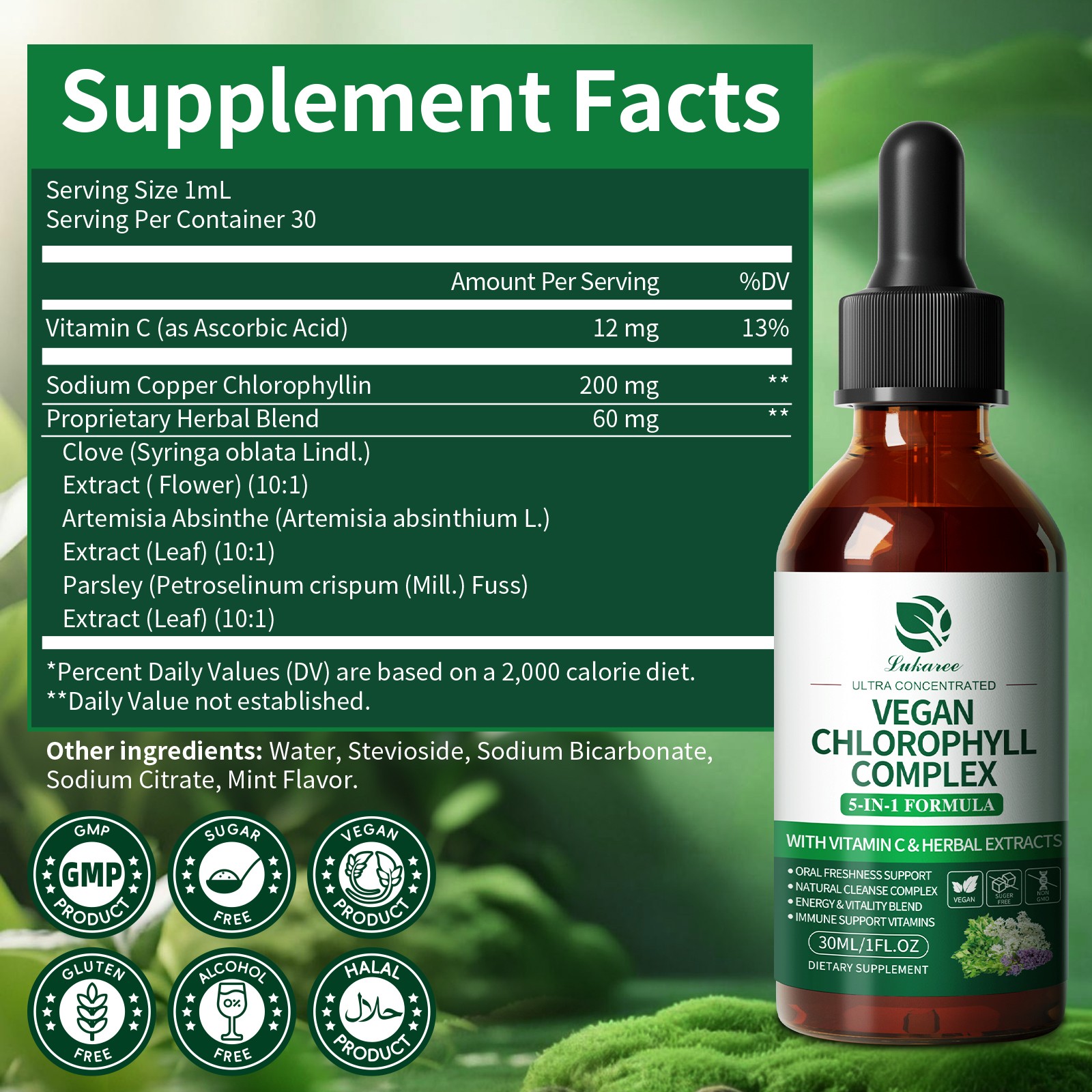 60ml Natural Peppermint Chlorophyll Liquid Drops Vegan Gluten Free Supplement