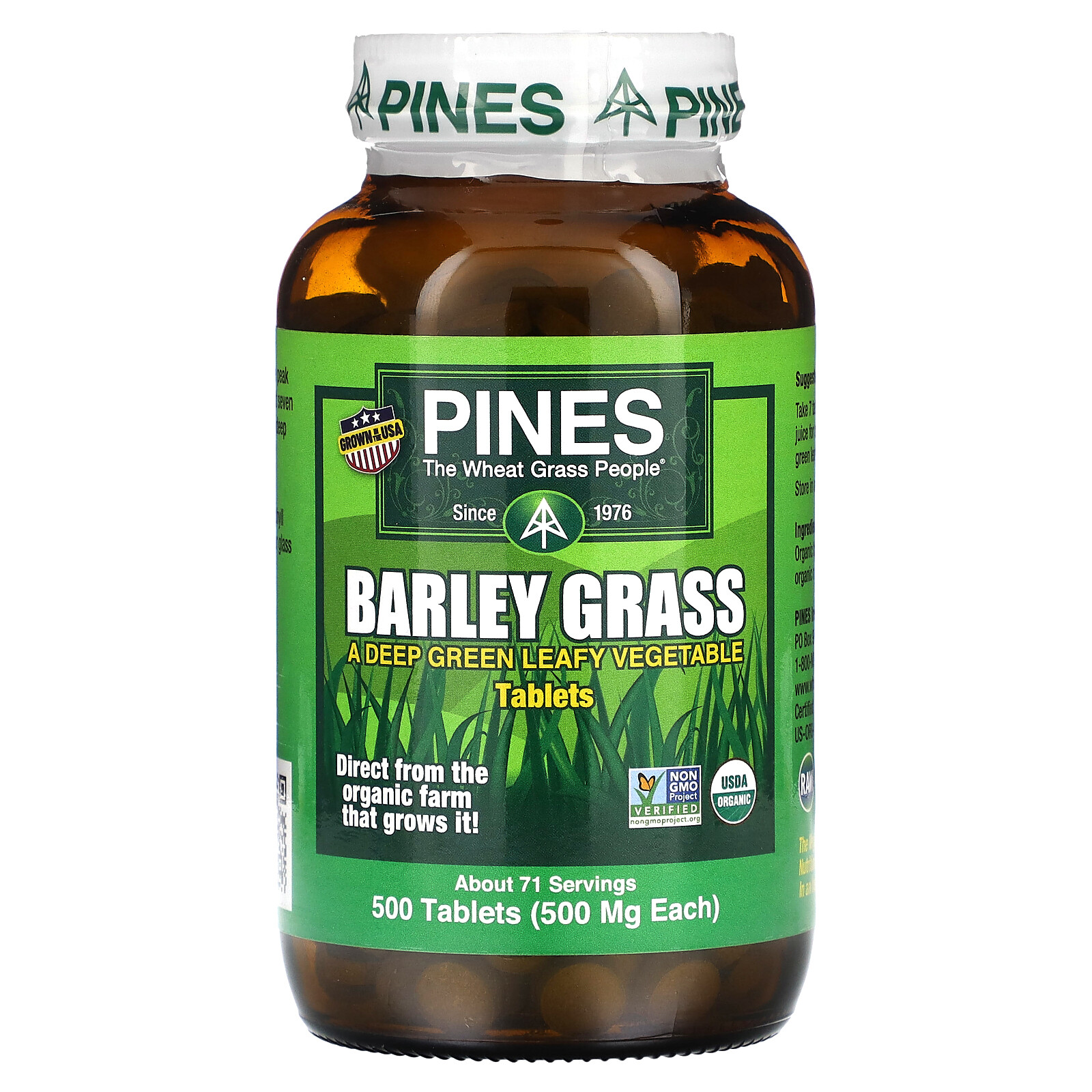 Pines International Barley Grass 500 Tablets Gluten-Free, Non-GMO, Organic , Raw