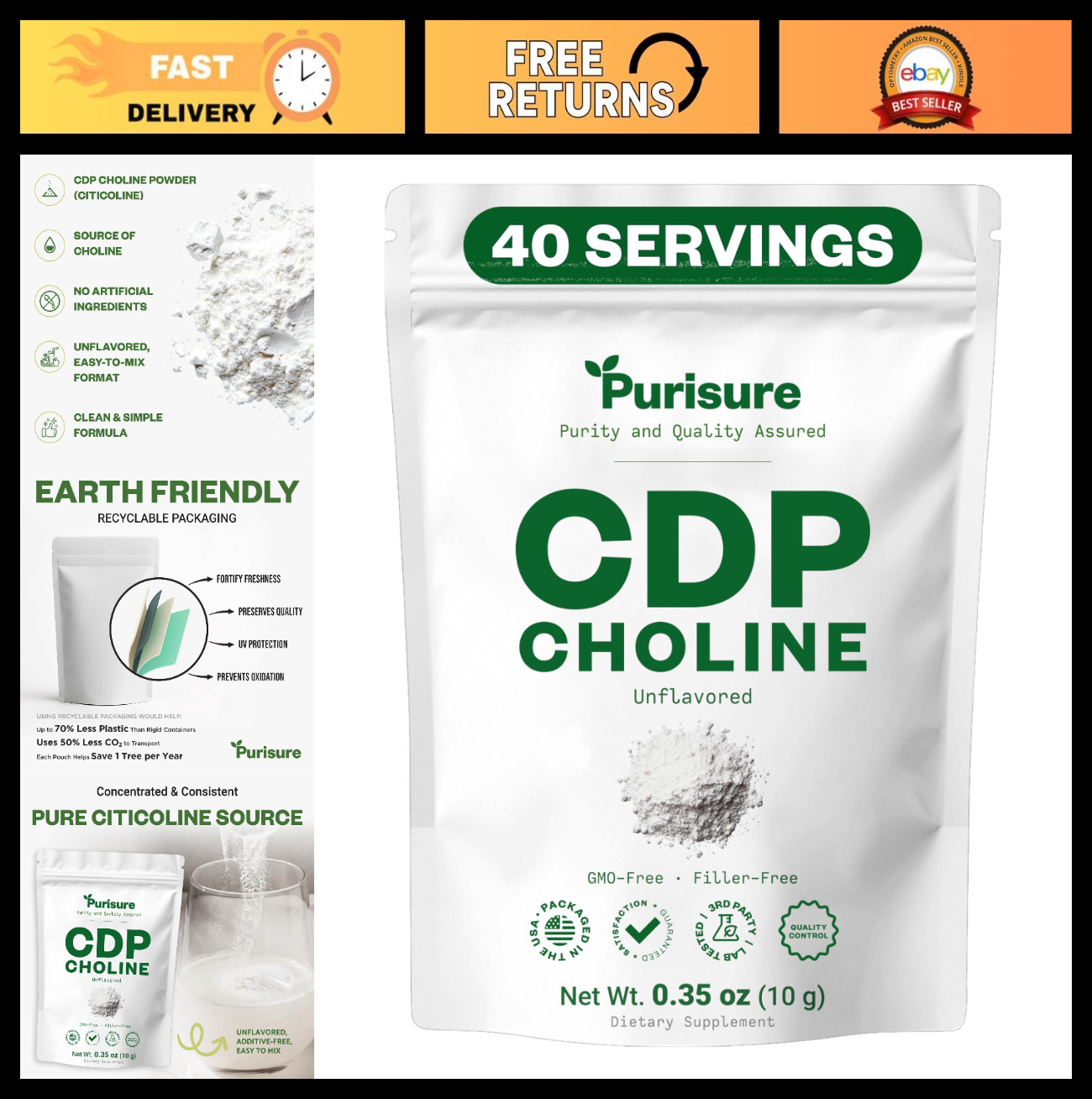 CDP Choline Powder 10g – Citicoline Supplement for Focus, Energy & Cognitive Boo