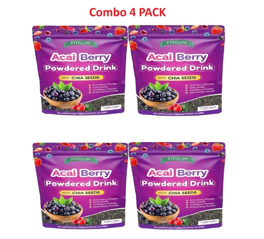 4 Packs FITGUM Acai Berry Drink Powder w/ Chia & Collagen – 30 Sachets