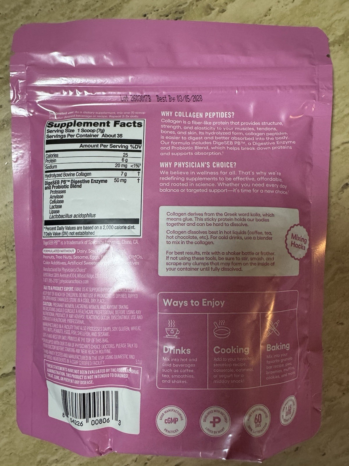 Physicians Choice COLLAGEN PEPTIDES 8.67oz Powder UNFLAVORED probiotics