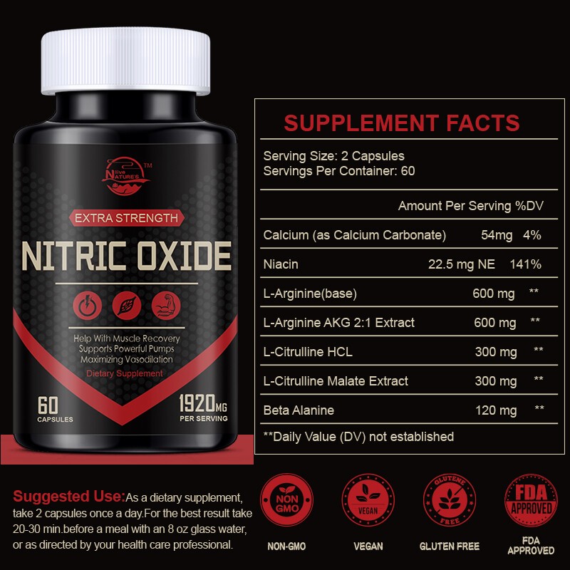 Nitric Oxide Capsules 1920mg | L Arginine & L Citrulline | Highest Potency USA