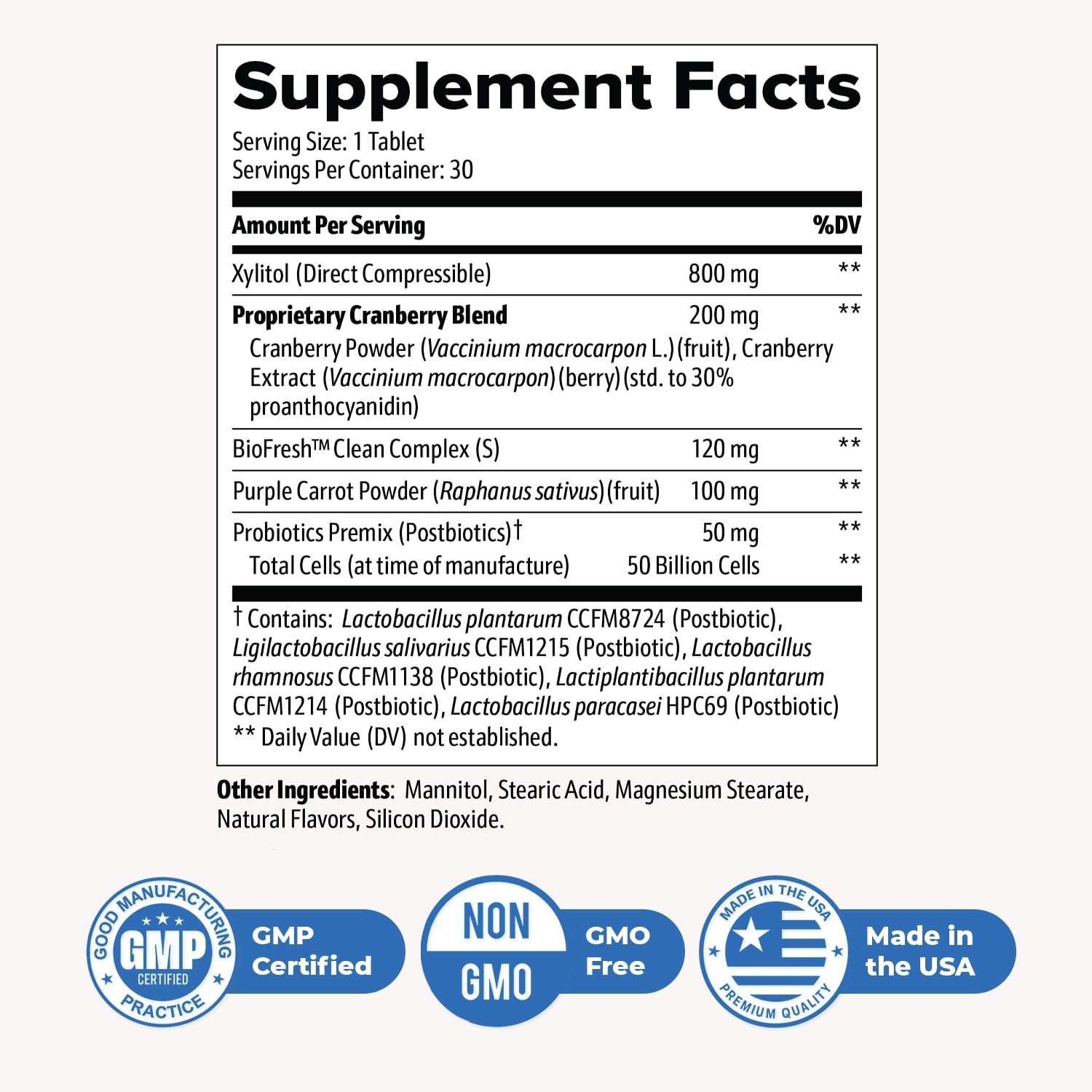 DentaBiome Postbiotic Oral Chewable Tablets Xylitol Cranberry Lactobacillus 30ct