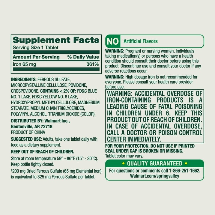 Spring Valley Iron Tablets 65 mg General Health & Wellness 200 Count