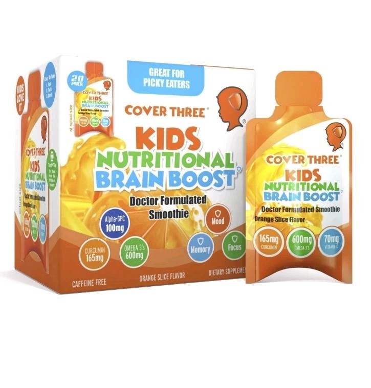 Cover Three Kids Brain Supplement Omega-3 DHA Fish Oil Focus 20 Pouches
