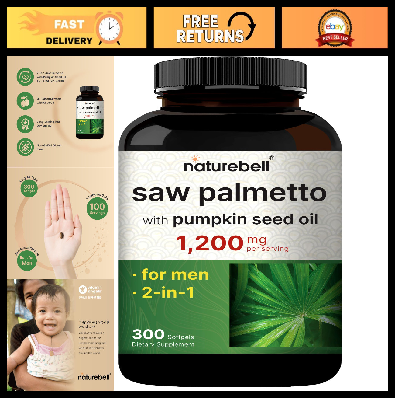 Saw Palmetto Extract & Pumpkin Seed Oil – 1200mg, 300 Softgels, Non-GMO, Gluten-