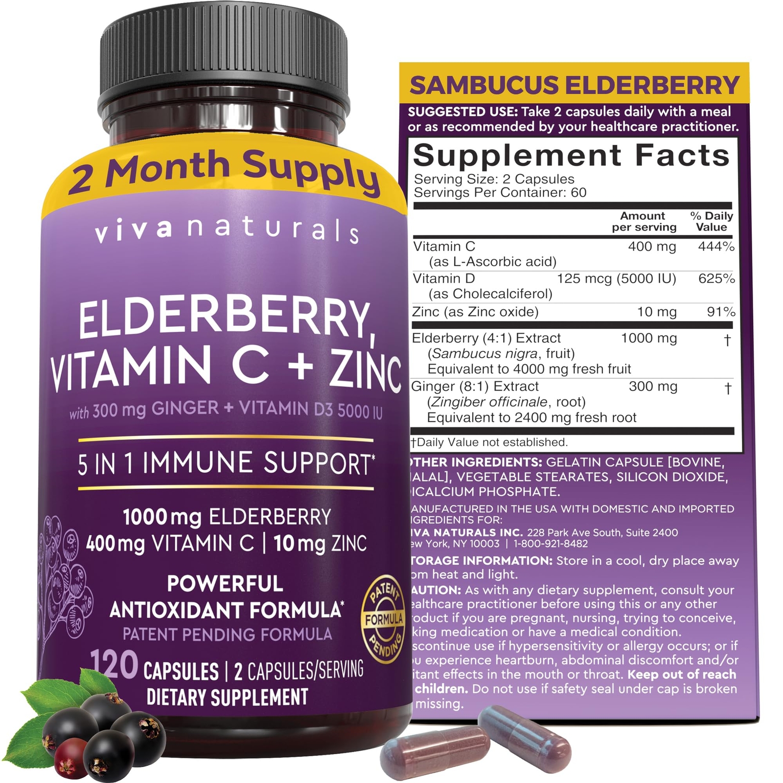 Viva Naturals Elderberry Supplement With Zinc Vitamin C 120 Count Immune Support
