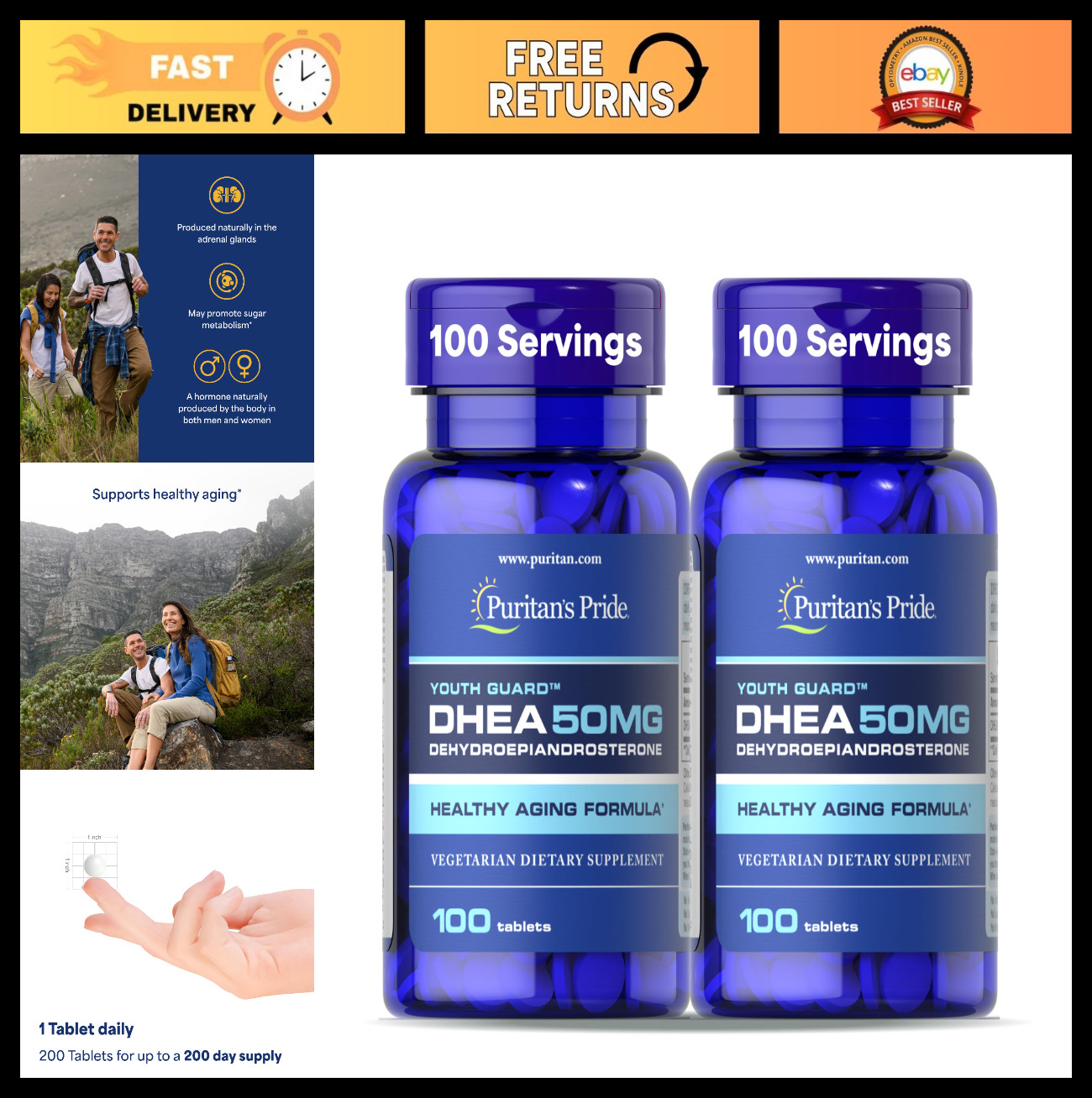 Youth Guard DHEA 50mg for Men & Women – 100 Tablets, Hormone Support, Energy Boo