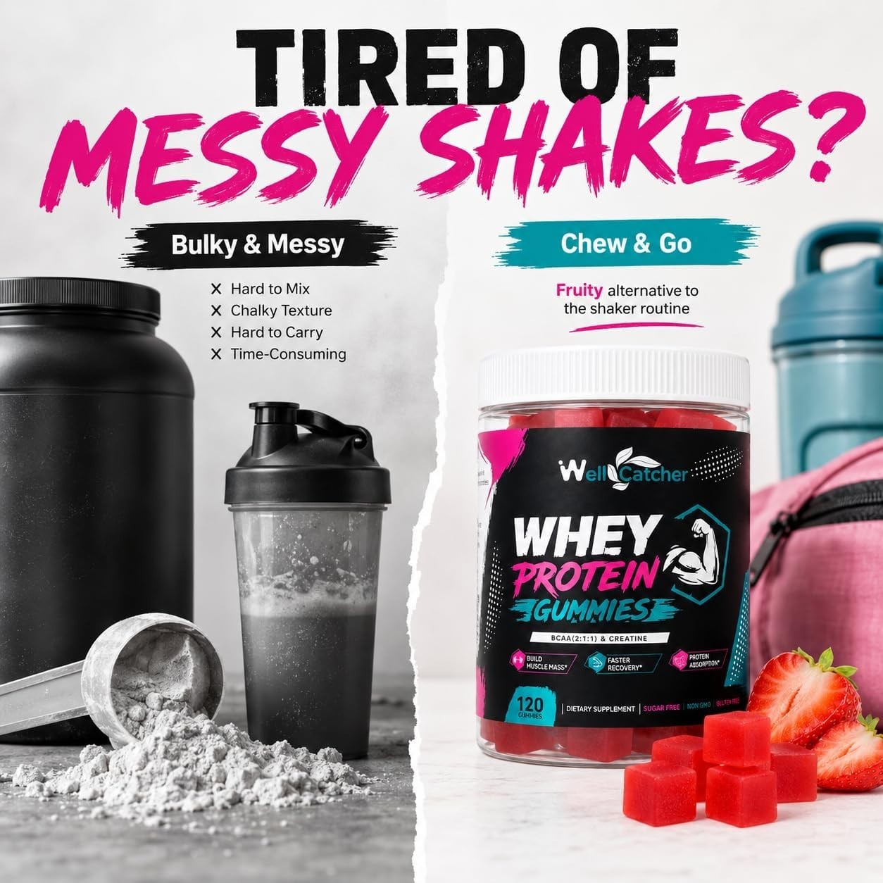 Wellcatcher Whey Protein Gummies with BCAA & Creatine, Sugar Free Pectin Protein