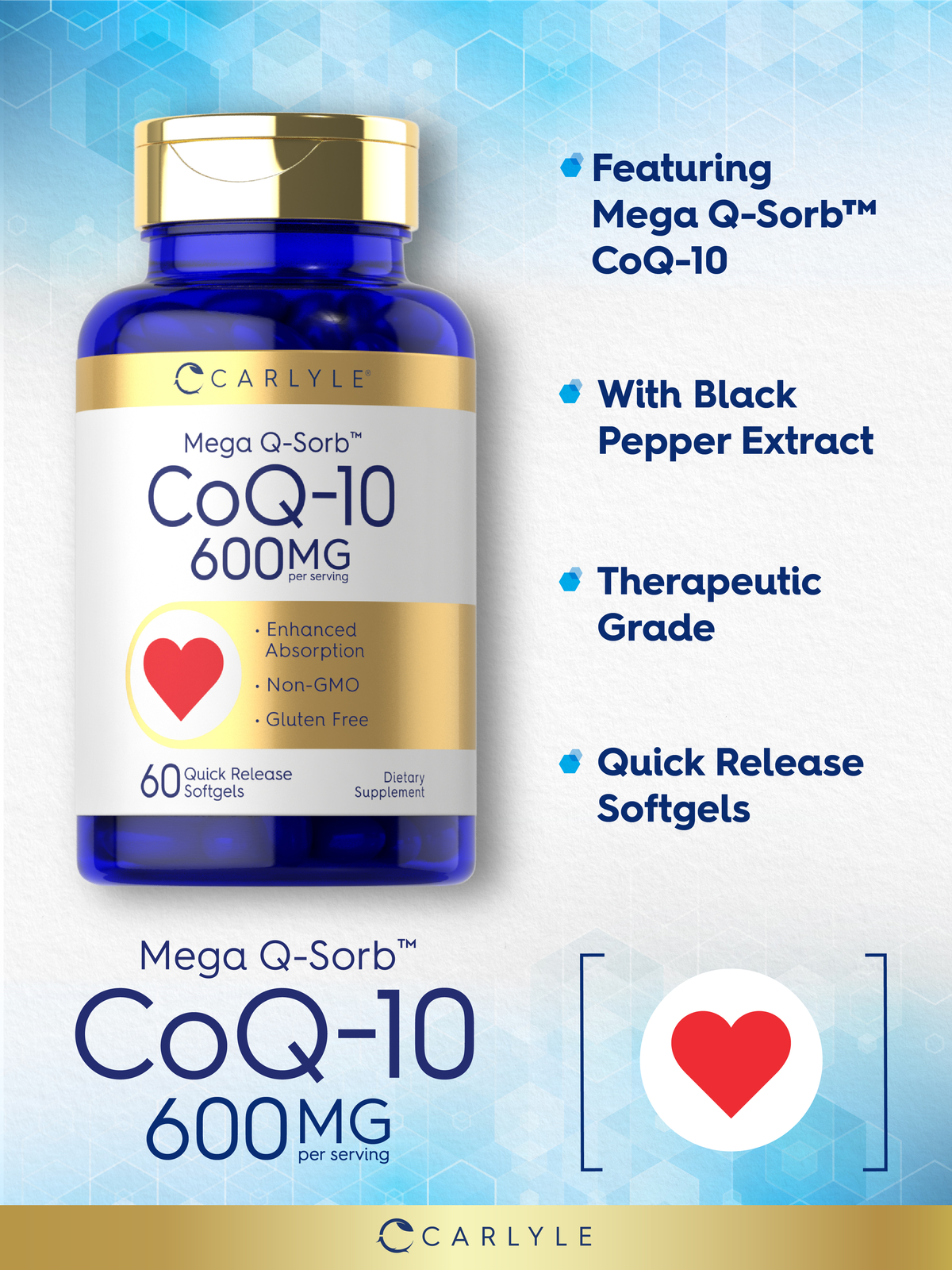 CoQ10 600mg | 60 Softgels | Enhanced Absorption | Non-GMO | by Carlyle
