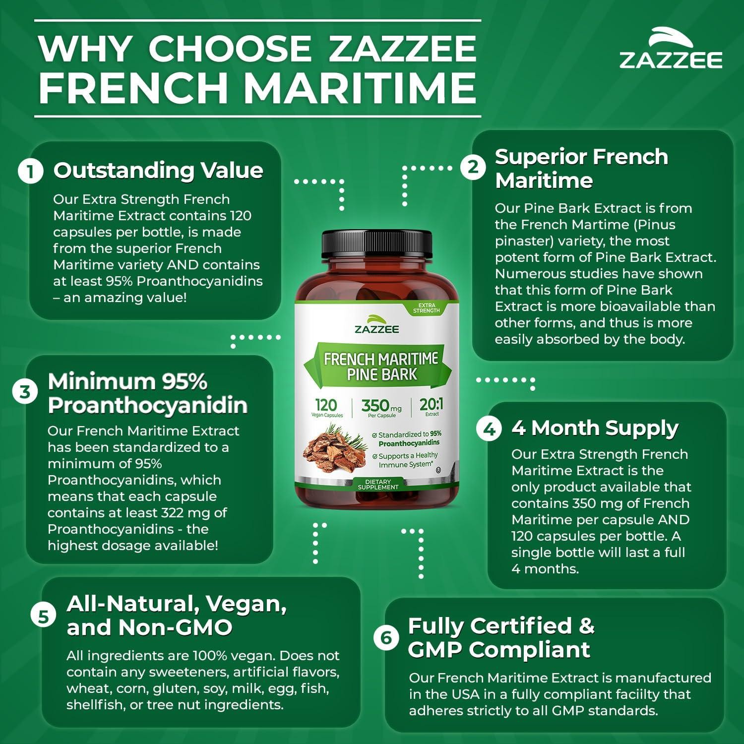 Zazzee Extra Strength French Maritime Pine Bark 20:1 Extract, 350 mg, Kosher
