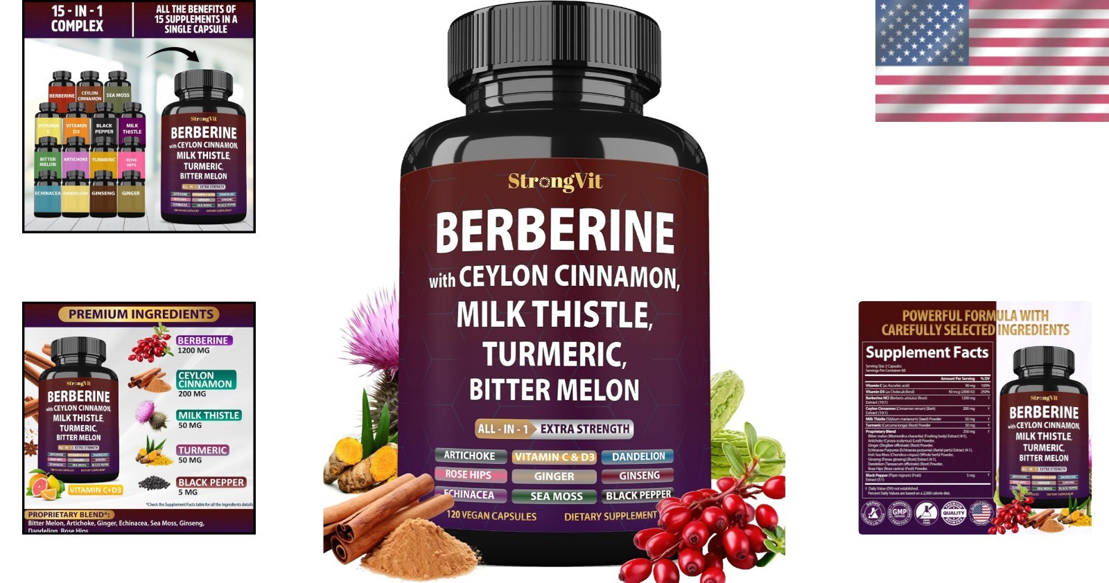 Holistic 15-in-1 Organic Supplement with Berberine, Turmeric & More – 120 Caps