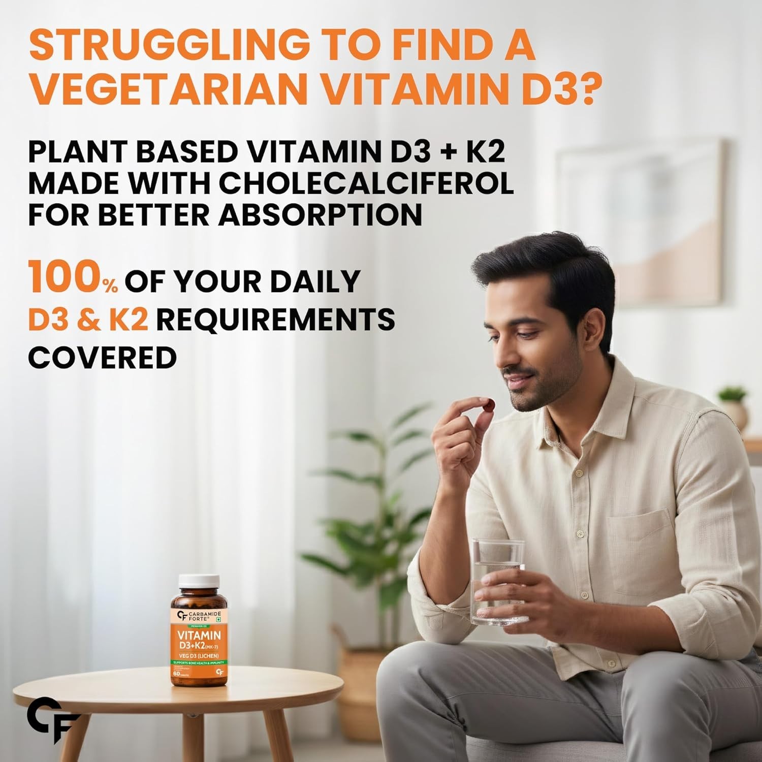 Carbamide Forte Vitamin D3 K2 Veg Lichen Tablets 120 Count Bone Support