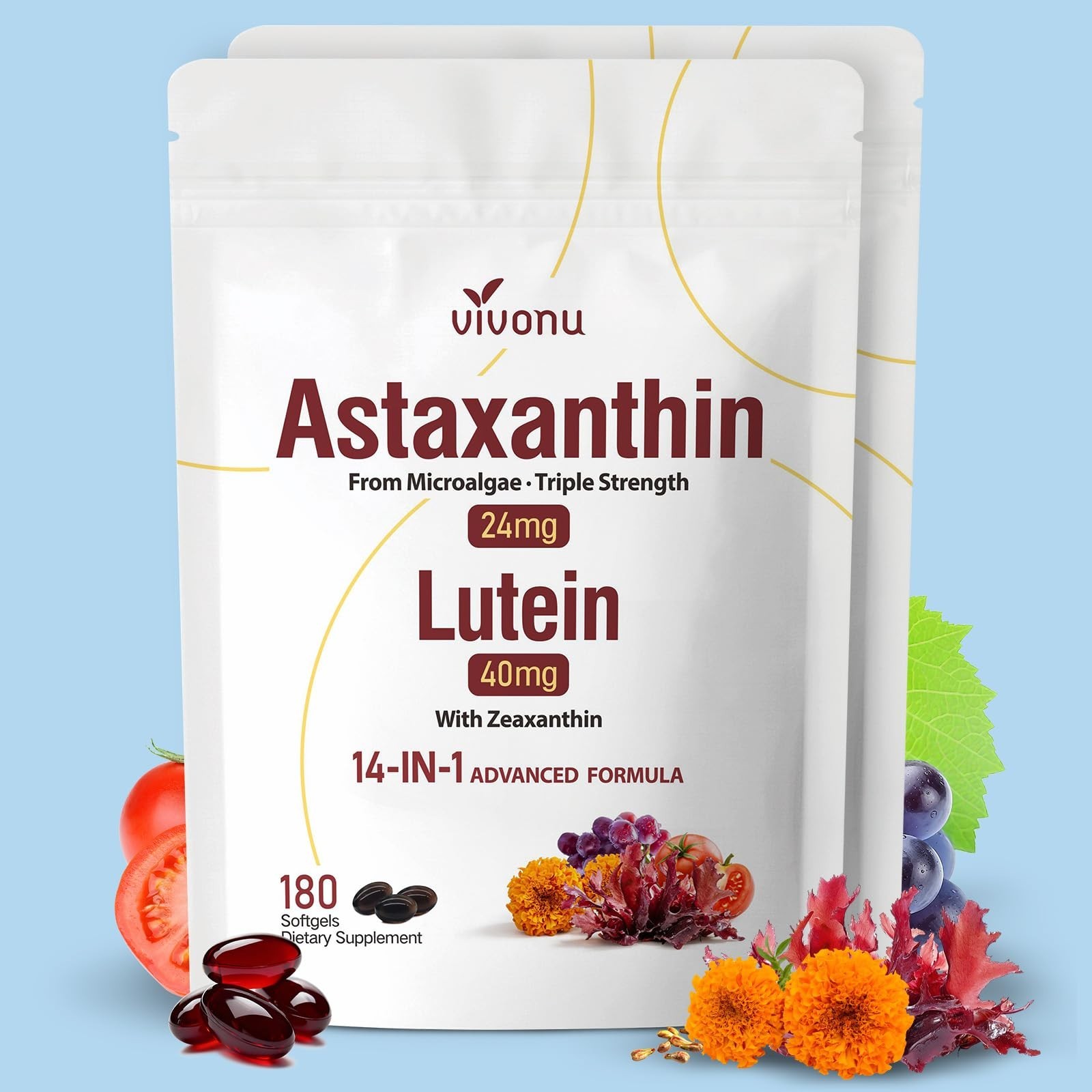14-in-1 Astaxanthin & Lutein Softgels 24mg & 40mg | Eye, Skin, Joint Health, 12