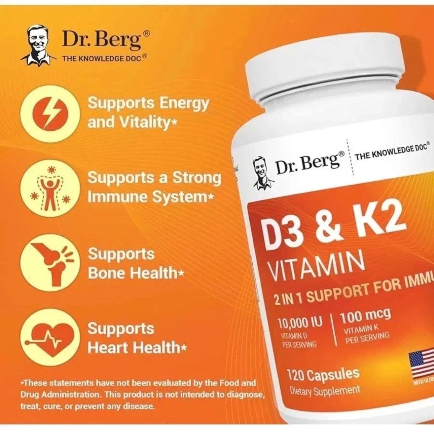 (2 Pack) Dr. Berg’s Nutritionals 100mg Vitamin D3 & K2 Supplement – 120 Capsules