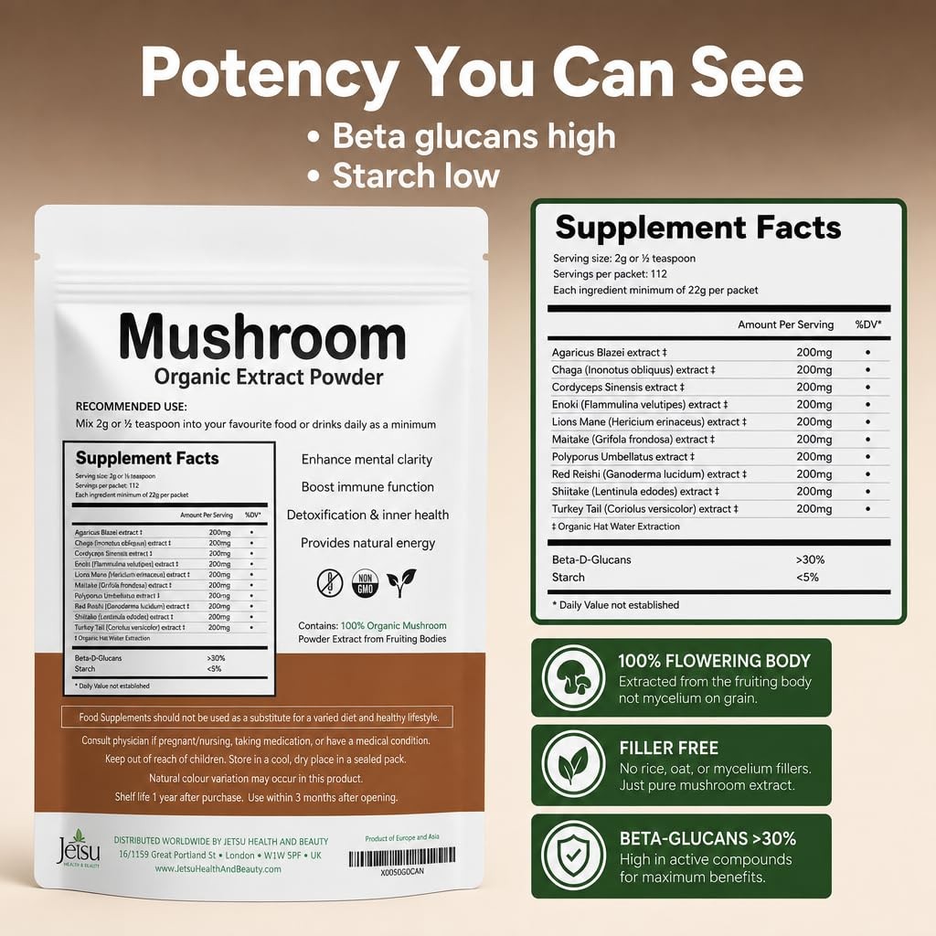 Mushroom Extract Powder Powerful 10 Blend, Organic Lions Mane, Cordyceps, Re…