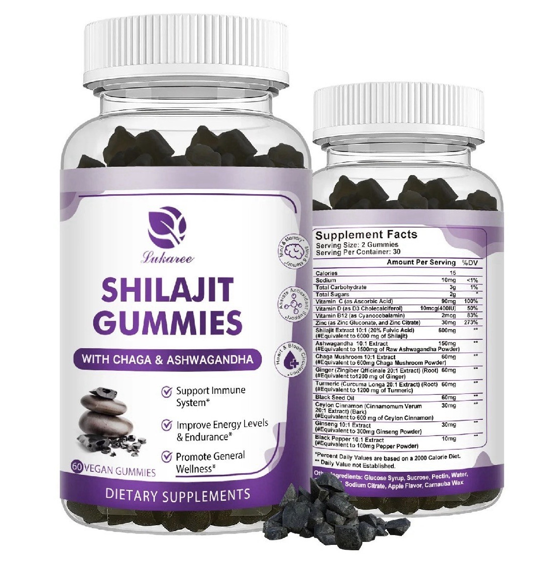 Lukaree Shilajit Gummies w/ Chaga & Ashwagandha 60ct Apple Vegan Non-GMO