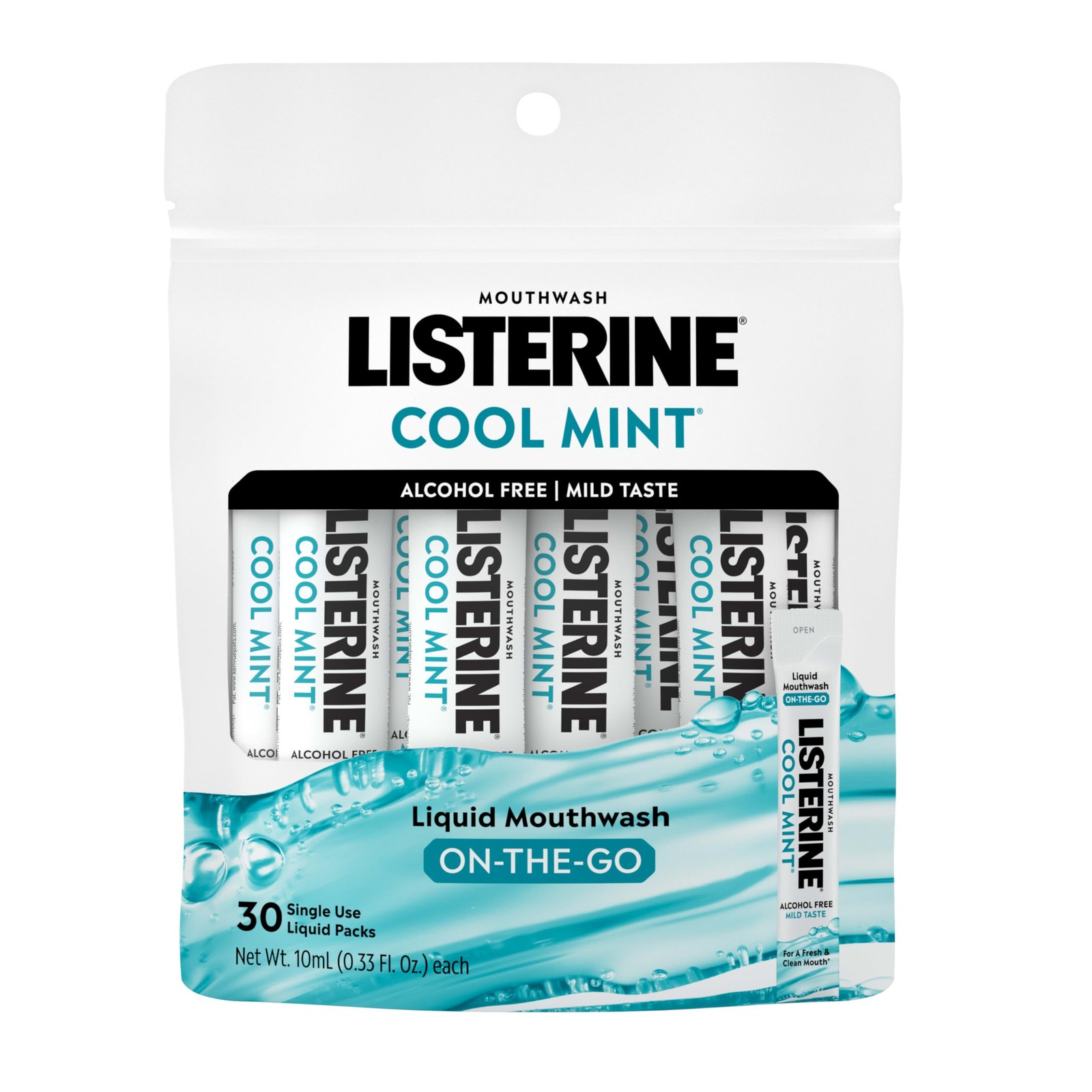 Listerine On-The-Go Cool Mint Alcohol Free 0.34 Fl Oz (Pack of 30), Blue