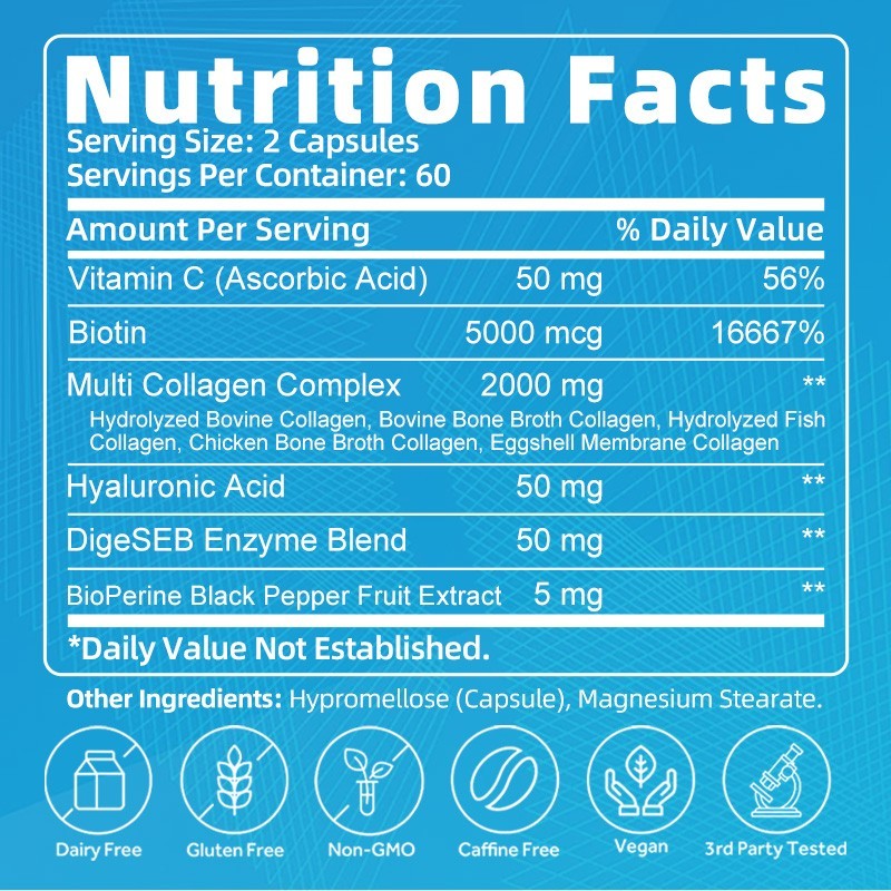 Multi Collagen Peptides-120 Capsules-Type I,II,III,V,X Anti-Aging Collagen Caps