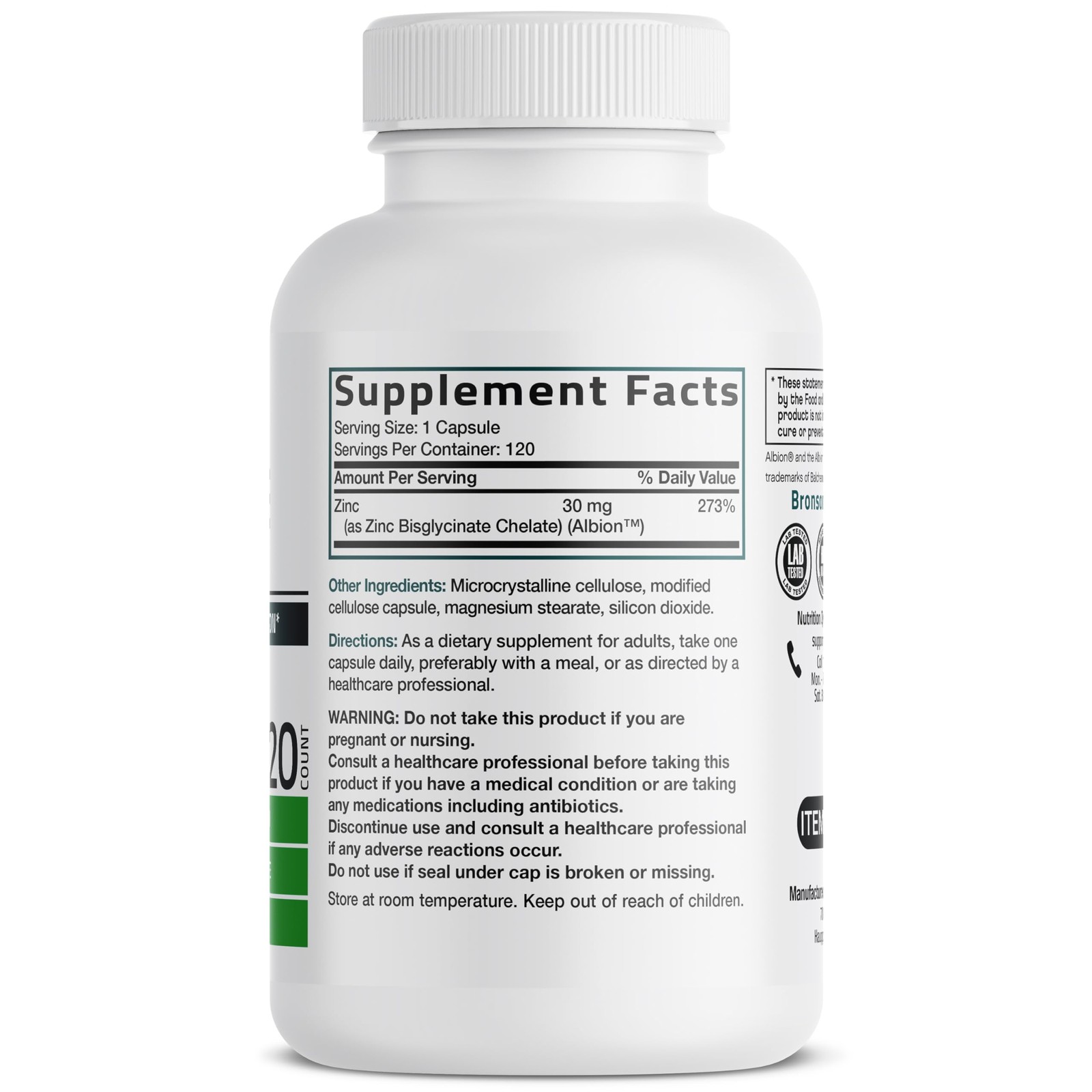 Bronson Zinc Glycinate 30mg Chelated Superior 120 Count (Pack of 1)