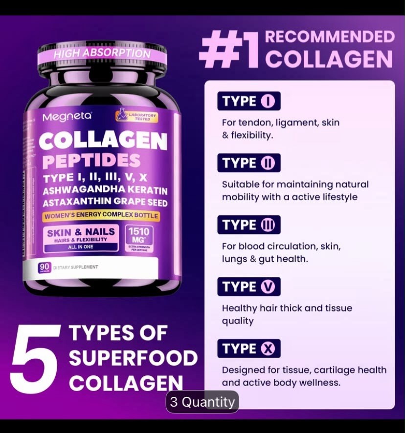 1pk Collagen Powder Capsules Type I,ll,lll,V,X With VitaminC For Men&Women 90ct